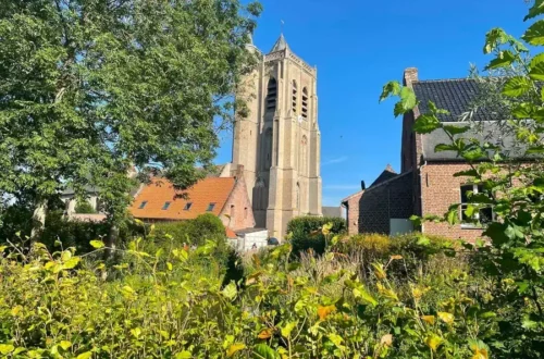 Tall stone church tower with arched openings rises above red-tiled roofs, framed by trees on a sunny day.