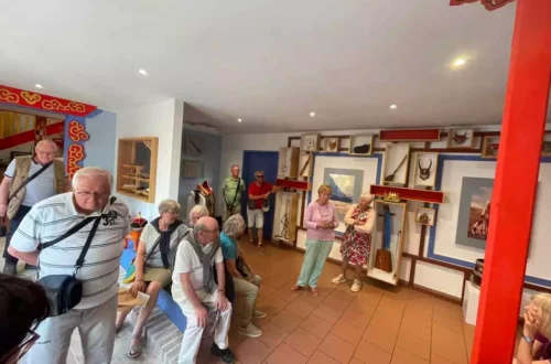 Group of elderly visitors in a cozy gallery with framed artwork displayed on the wall and shelves in the background, some seated and others standing.